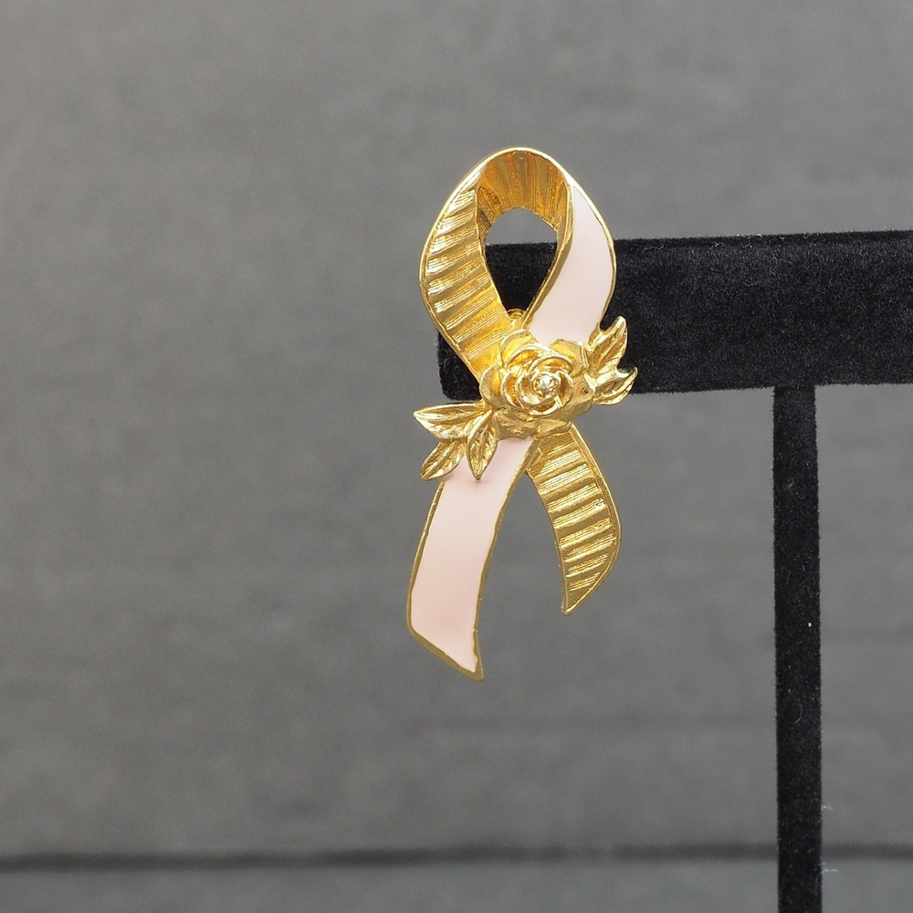 Avon Pink Ribbon Pin Breast Cancer Awareness Gold Tone Rose Enamel Large Vintage